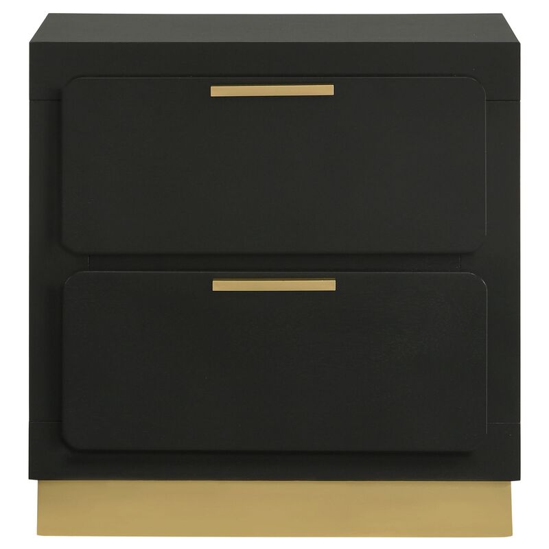 Caer Nightstand, 2 Drawers, Gold Accent Recessed Base, Bar Handles, Black - Benzara