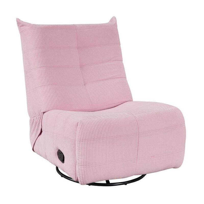 Gea 35 Inch Swivel Recliner Chair, Tufted, Pink Corduroy, Solid Wood - Benzara