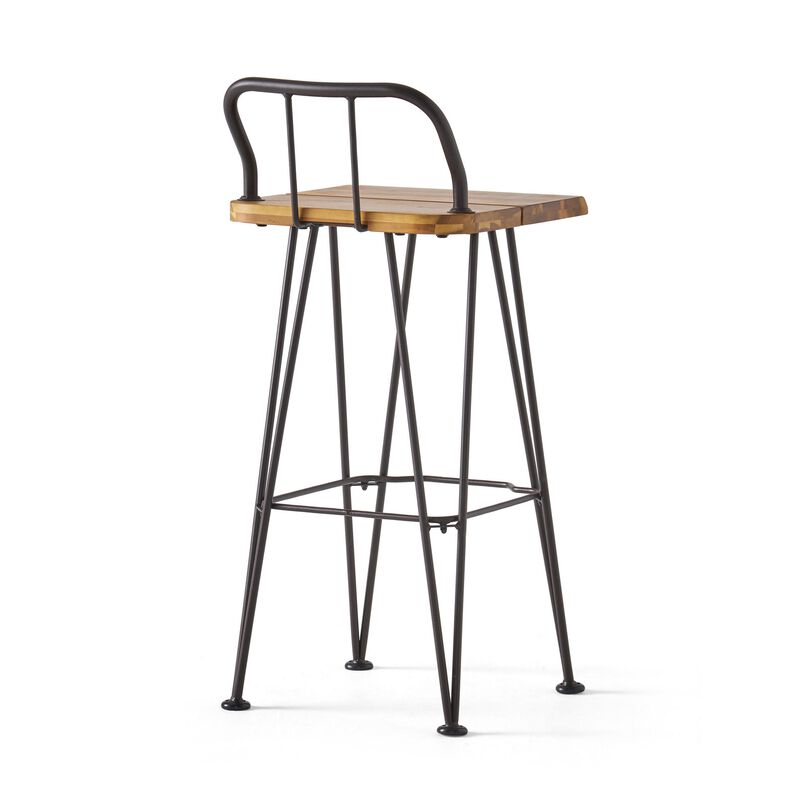 Rih Barstool Low Back Chair Set of 2, Black Metal, Brown Acacia Wood - Benzara