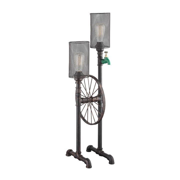 34 Inch Table Lamp, Drum Mesh Shade, Metal Base, Rustic Bronze Finish-Benzara
