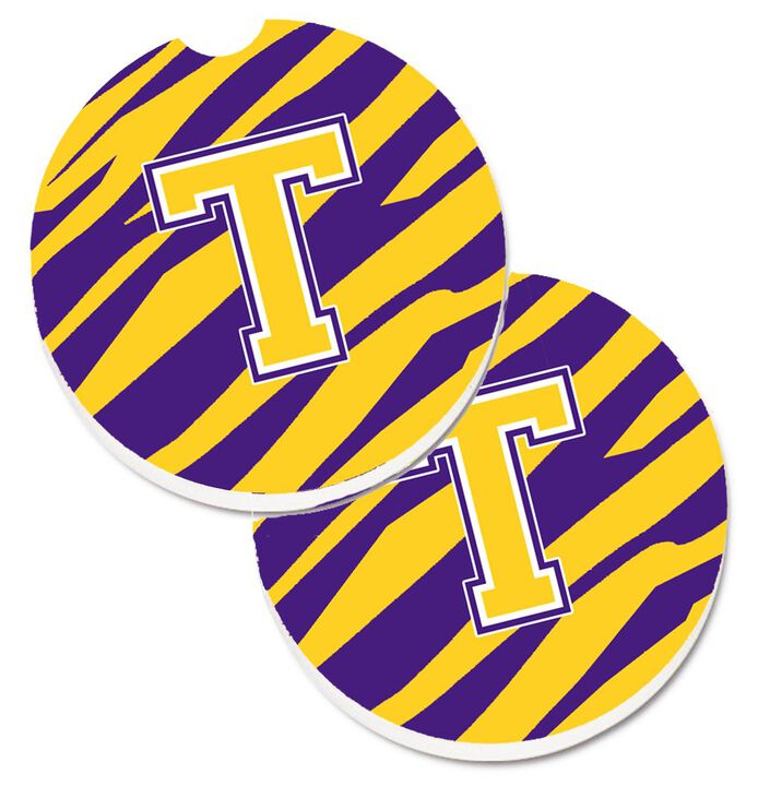Caroline's Treasures Letter T Monogram - Tiger Stripe - Purple Gold Set of 2 Cup Holder Car Coasters CJ1022-TCARC, 2.56, Multicolor