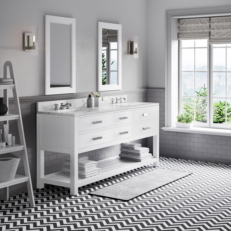 Madalyn 72 In. Double Sink Carrara White Marble Countertop Bath Vanity in Pure White