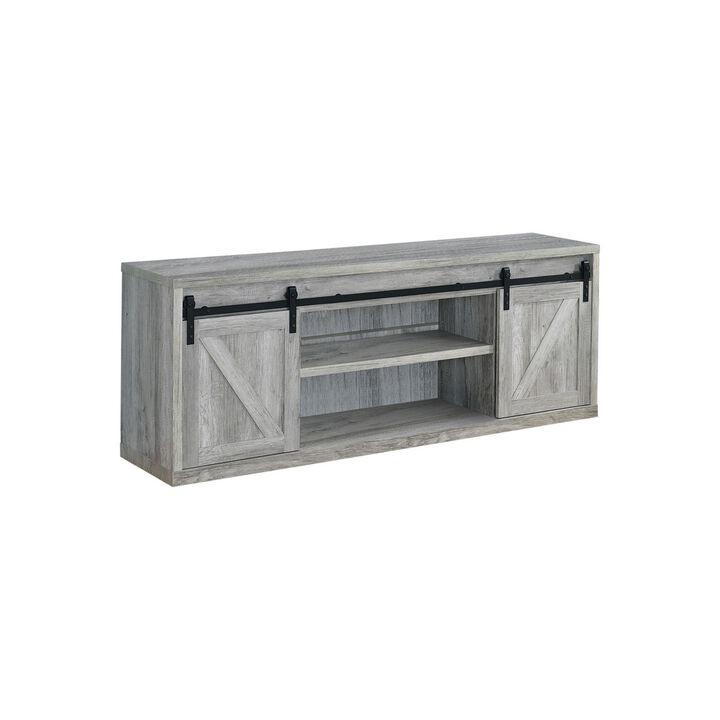 71 Inch Farmhouse Wooden TV Console With 2 Sliding Barn Doors, Gray-Benzara