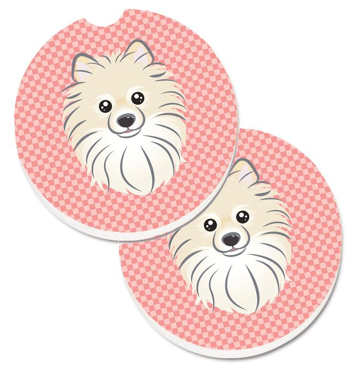 Caroline's Treasures Checkerboard Pink Pomeranian Set of 2 Cup Holder Car Coasters BB1207CARC, 2.56, Multicolor