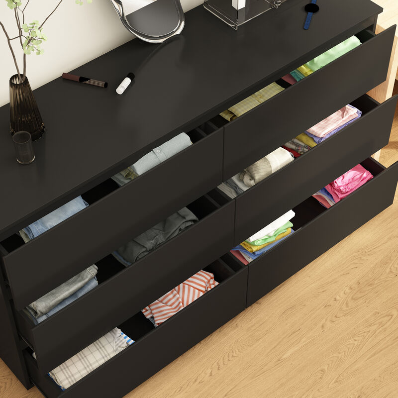 59" L Modern Wood Storage Dresser Chest with 6 Drawers, Double Chest, Anti-Skid Legs & Wide Storage Space for Bedroom, Living Room, Black