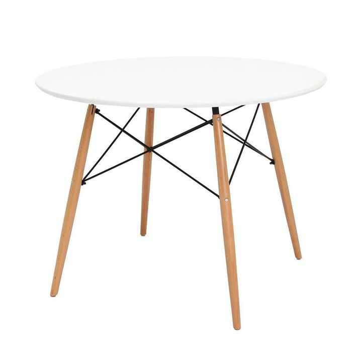 Riha 36 Inch Dining Accent Table, Round Top, Beech Wood, White and Brown - Benzara