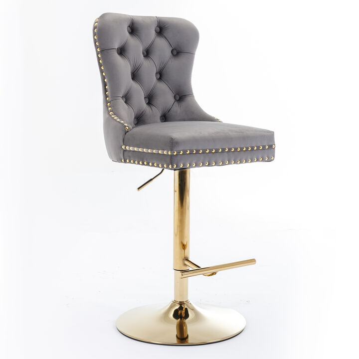 Hivvago Set of 2 Height Adjustable Upholstered Tufted Velvet Armless Bar Stools with Gold Details
