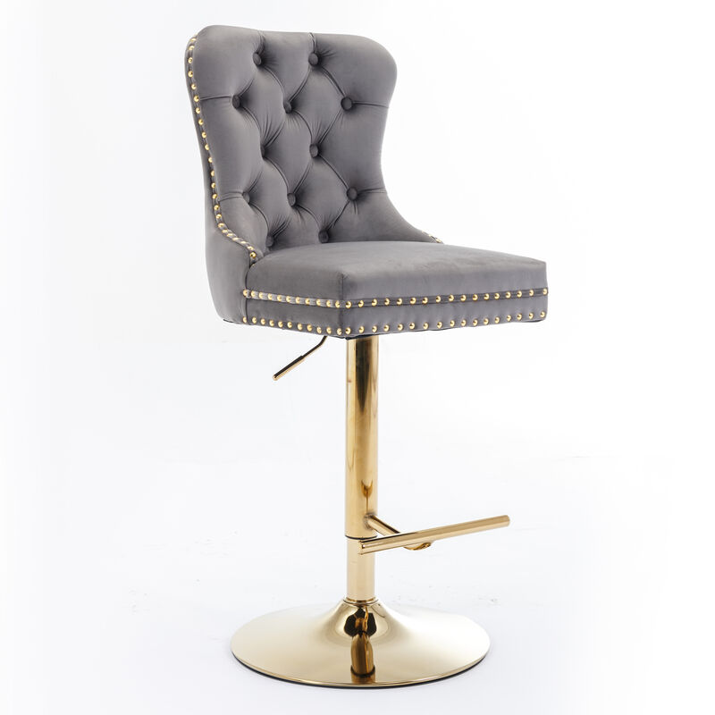 Hivvago Set of 2 Height Adjustable Upholstered Tufted Velvet Armless Bar Stools with Gold Details