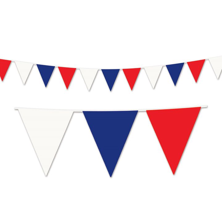 Club Pack of 12 Red  White and Blue Patriotic Outdoor Pennant Banner Hanging Party Decorations 30'