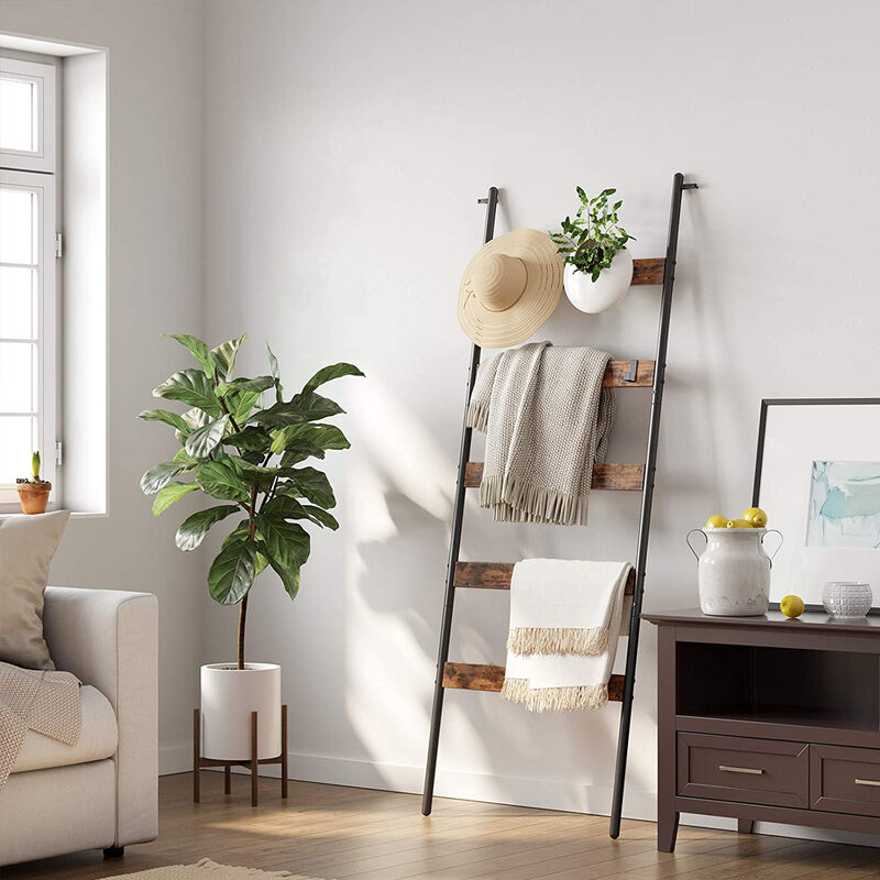 Rustic 5-Tier Blanket Ladder Shelf with Hooks and Steel Frame