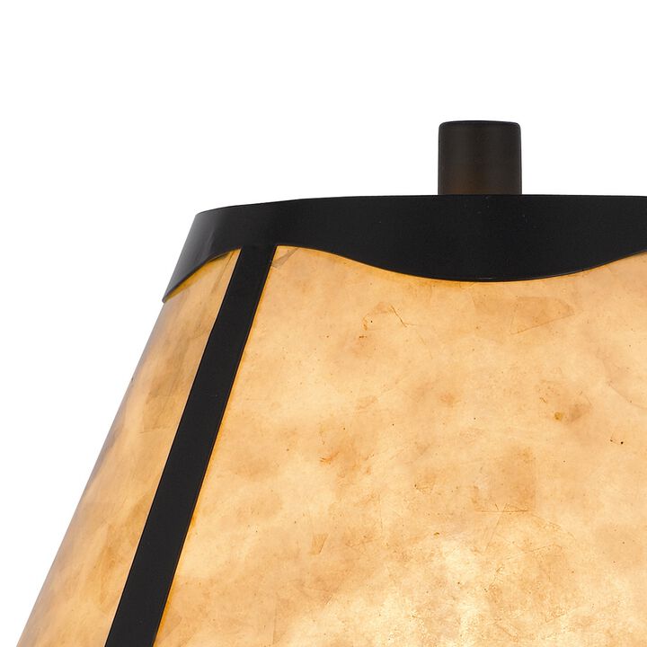 30 Inch 3 Way Table Lamp, Beige Mica Shade, Rubberwood and Black Metal Body-Benzara