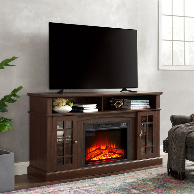 Modern TV Stand with Fireplace Insert, Espresso, 58.25" W