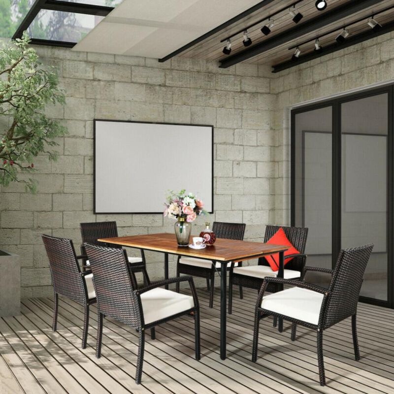 Hivvago 7 Pieces Patio Rattan Cushioned Dining Set with Umbrella Hole