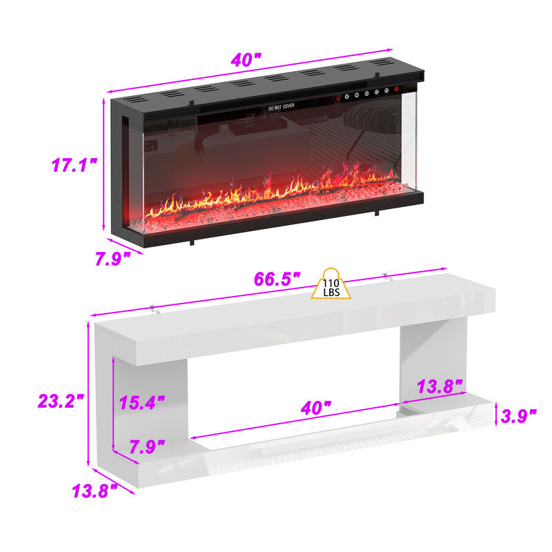 FUFU&GAGA Modern TV Stand with Built-in LED Fireplace (66.5" W x 23.2" H x 13.8" D),White