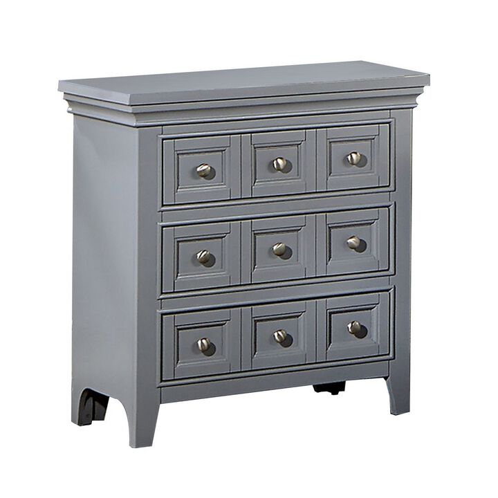 Cile 26 Inch Nightstand, 3 Panel Drawers, Gray Wood, Round Nickel Handles-Benzara