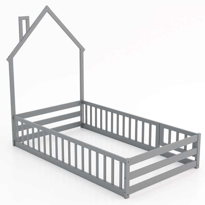 Montessori Floor Bed with Lockable Door and Full-Length Guardrail
