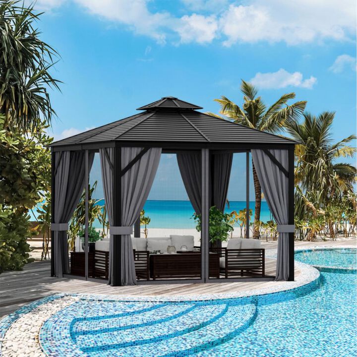 Hivvago 10 x 10 Feet Double-Top Hardtop Gazebo with Galvanized Steel Roof-Gray