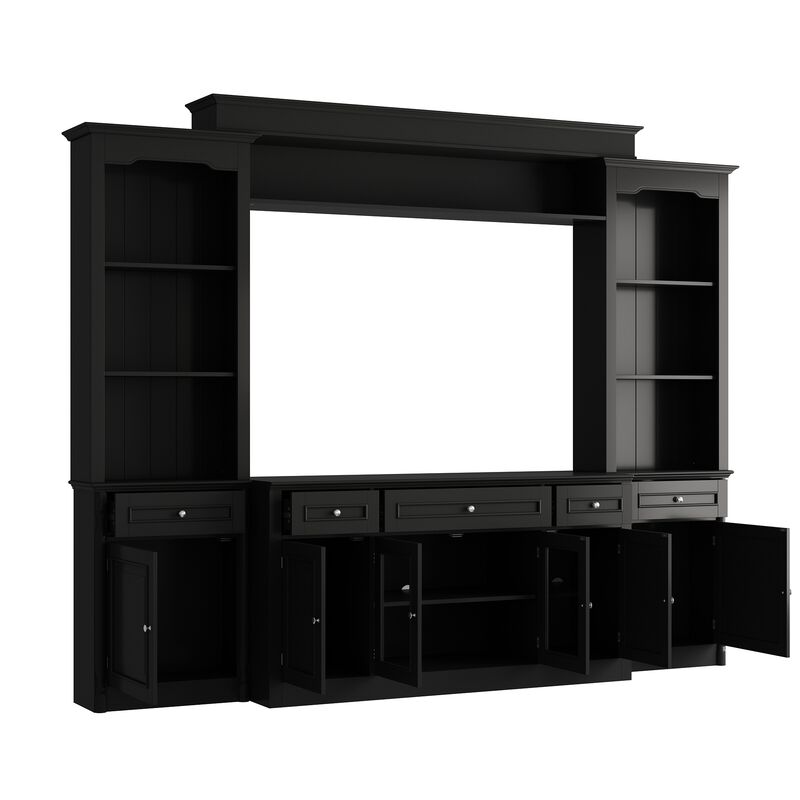 FUFU&GAGA Modern Black TV Stand with 7 Storage Compartments, P2 MDF, Black Finish (104.3" W x 82.3" H x 17.4" D), Black