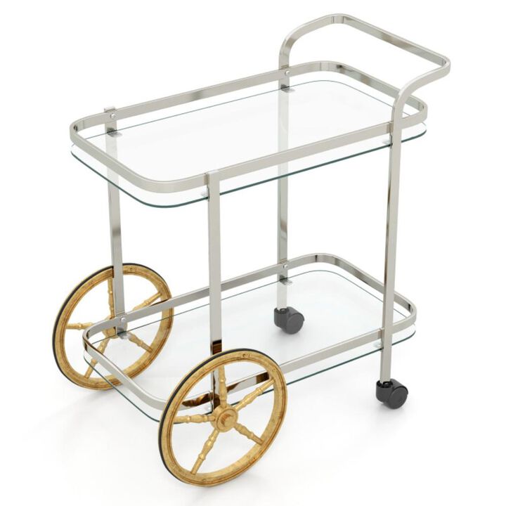Hivvago 2-Tier Tempered Glass Bar Cart with 2 Large Aluminum Wheels and 2 Rolling Casters Hivvago 2-Tier Tempered Glass Bar Cart with 2 Large Aluminum Wheels and 2 Rolling Casters