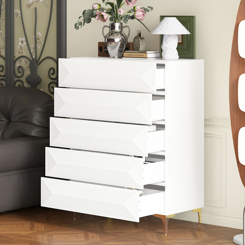 FUFU&GAGA 5-Drawer Chest with Geometric Front Design, Sturdy Metal Legs, (31.5" W x 15.7" D x 41.3" H), White