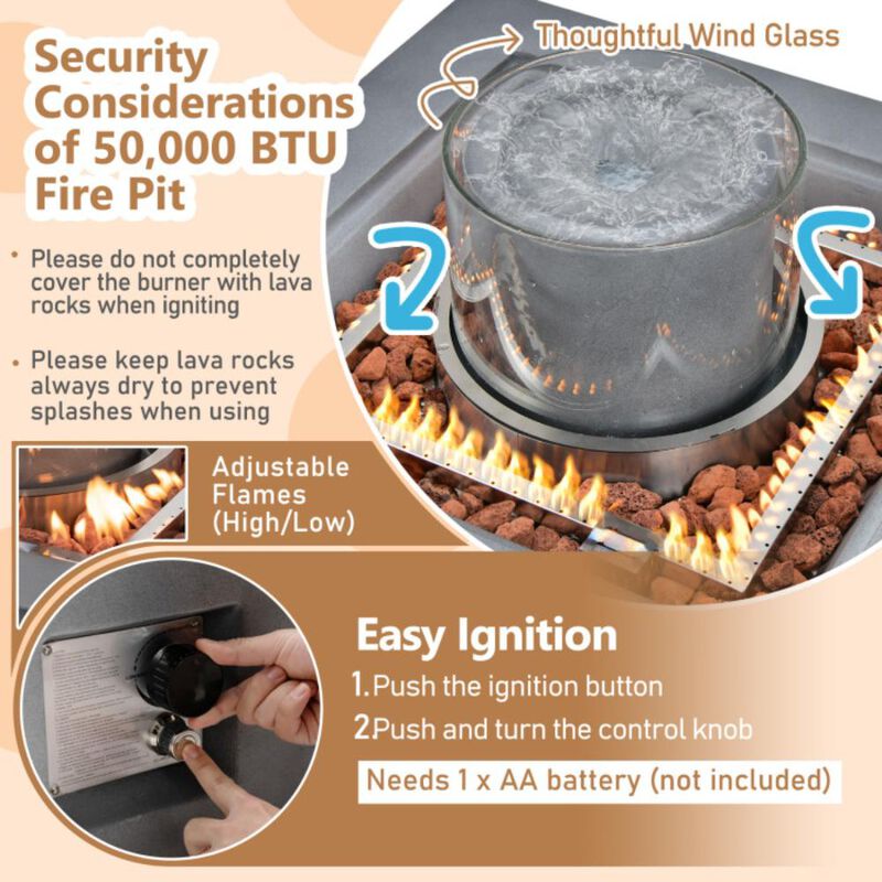 Hivvago 28 Inch 50000 BTU Patio Square Propane Fire Pit with PVC Cover-Gray