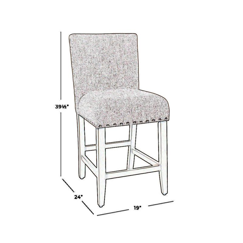Fabric Upholstered Wooden Counter Stool with Striking Nail head Trims, Gray and Brown - Benzara