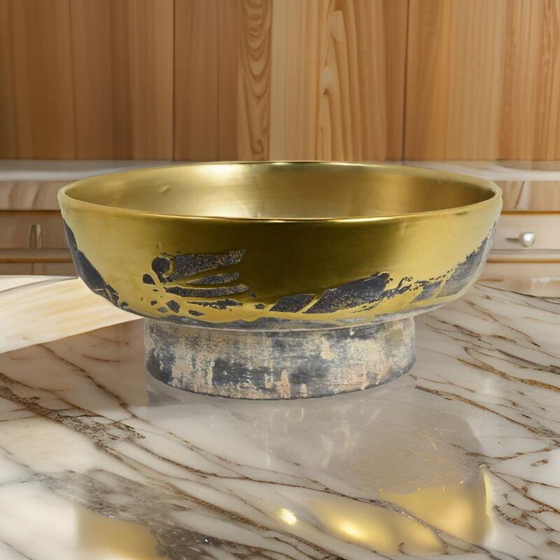 16 Inch Decorative Bowl, Distressed Gold Finish, Modern Aesthetic, Ceramic - Benzara
