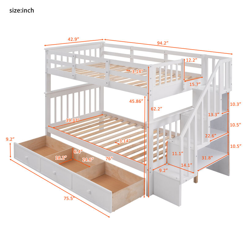 Merax Stairway Twin-Over-Twin Bunk Bed with Three Drawers for Bedroom, Dorm