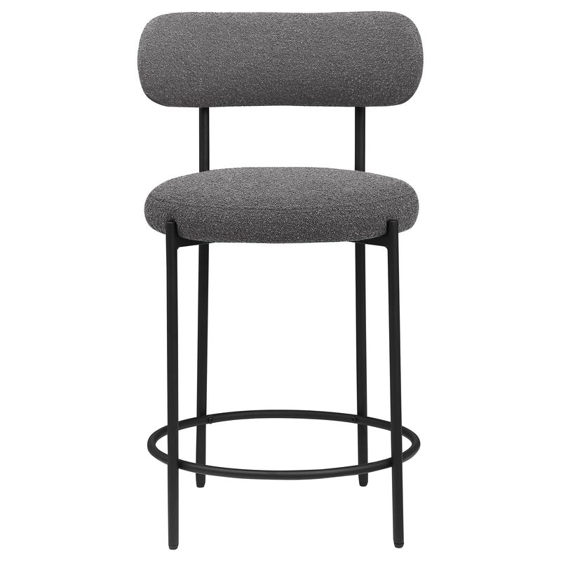 Winona Counter Height Chair Set of 2, Gray Boucle, Black Metal 25 Inch - Benzara