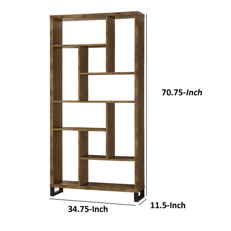 Metal and Wood Modern Style Bookcase with Multiple Shelves, Brown-Benzara