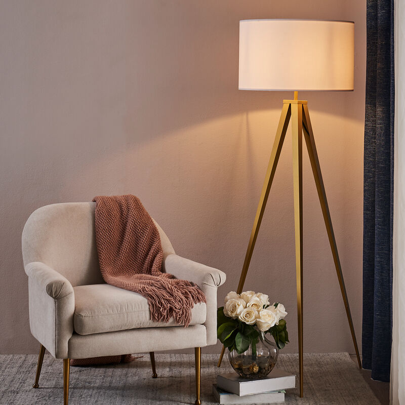 Teamson Home Romanza 62" Postmodern Tripod Floor Lamp with Drum Shade, Matte Gold/White