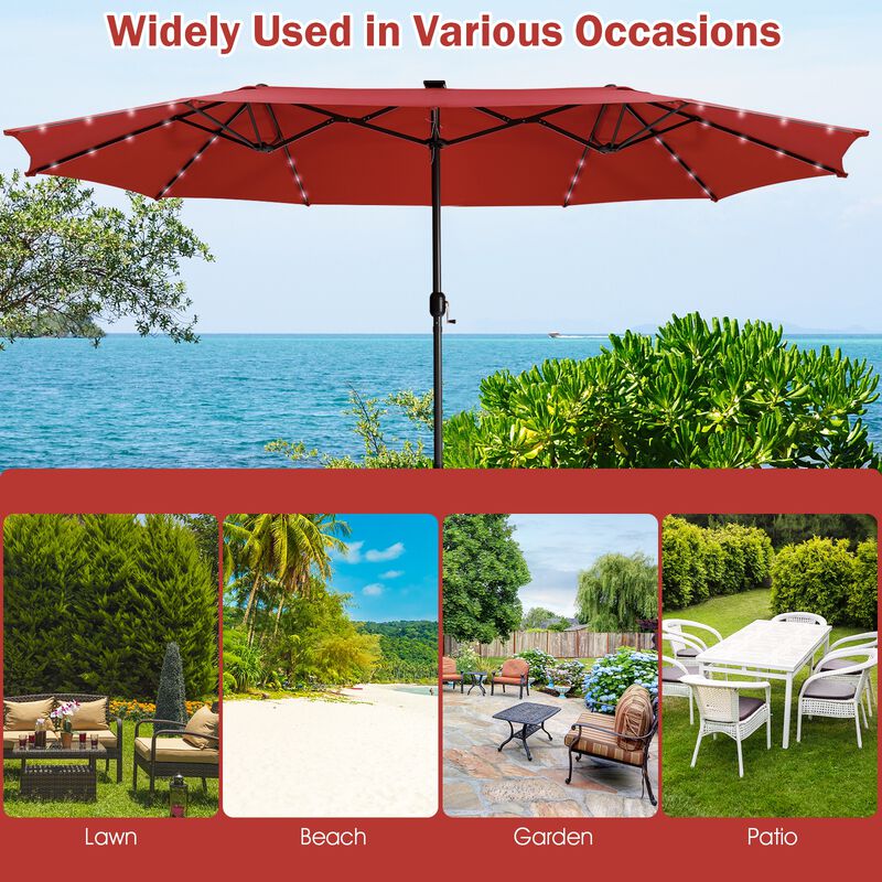15-Foot Twin Patio Umbrella with 48 Solar LED Lights for Outdoor Lighting