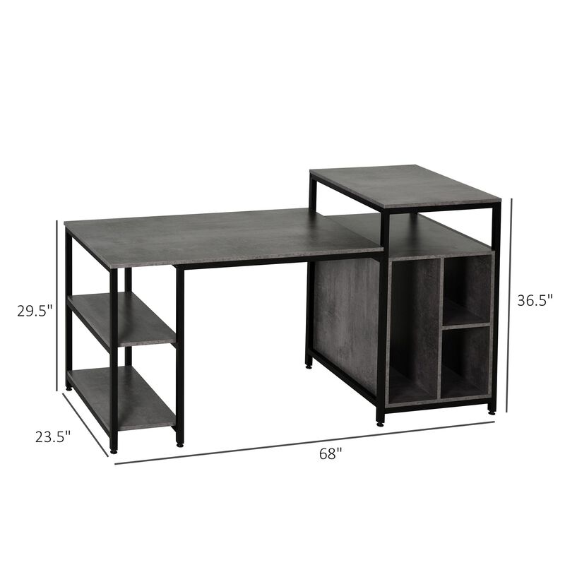Grey Modern Workstation: 68" Computer Desk with Bookshelf