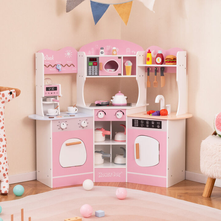 Corner Wooden Play Kitchen with Coffee Machine and Slide Fun Playset for Kids