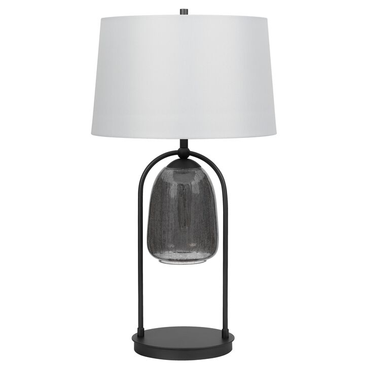 31 Inch Table Lamp, Crackled Black Glass w Night Light, White Shade - Benzara