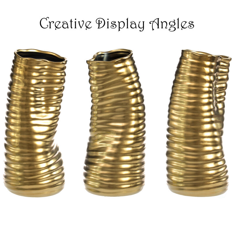 "9"" H Ceramic Bent Melted Modern Style Sculpture Table Centerpiece Flower Vase, Gold"