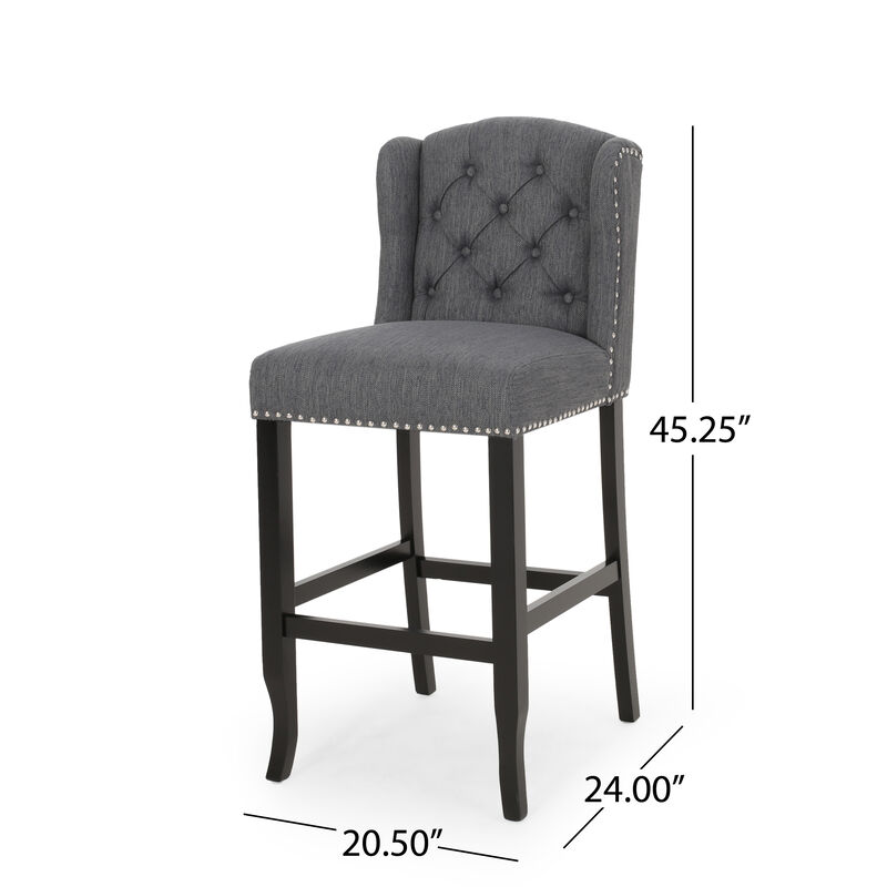 Seliva Barstool Chair Set of 2, Charcoal Gray, Tufted Back, Black Wood - Benzara