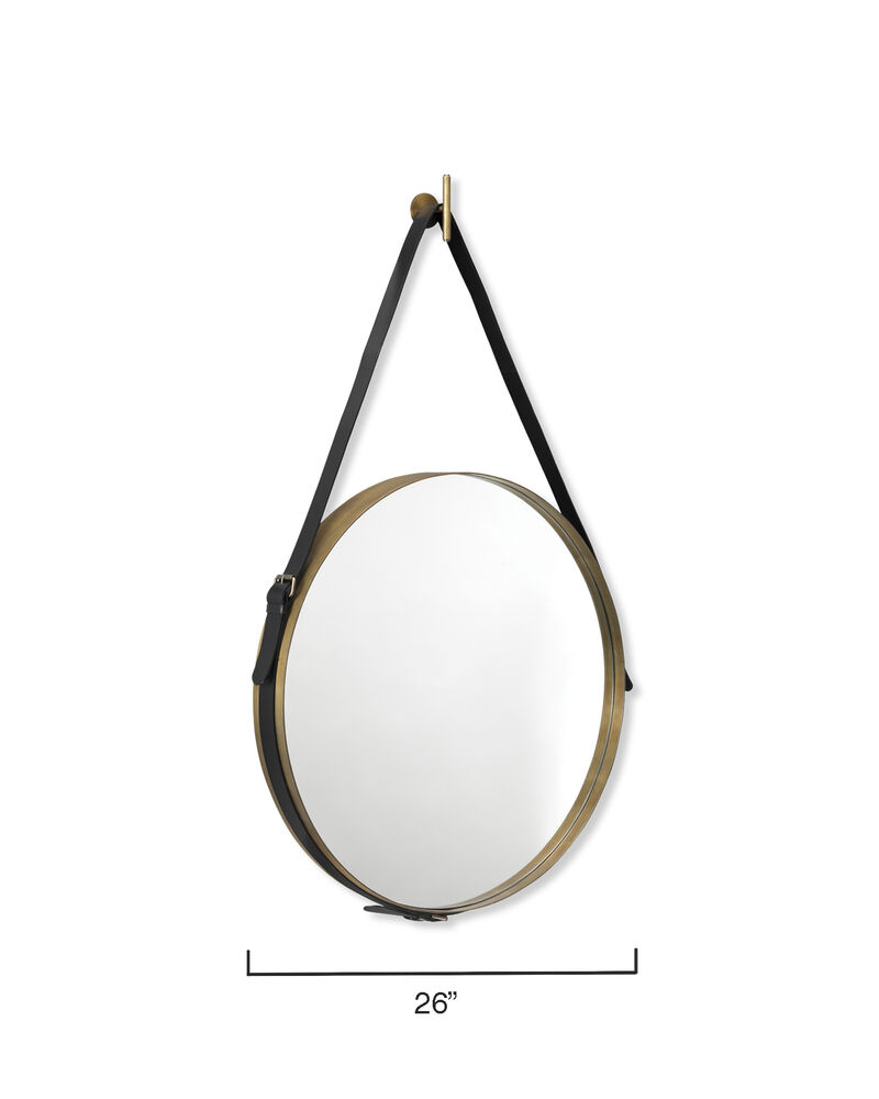 Round Steel Mirror, Antique Brass and Black Leather Strap