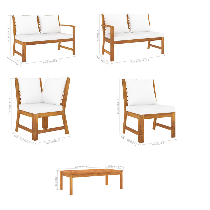 Roma 5pc Modular Outdoor Sofa and Table Set, Solid Acacia Wood, White - Benzara