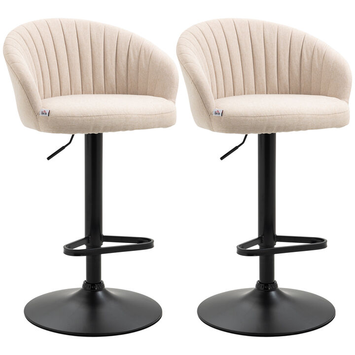 HOMCOM Adjustable Bar Stools Set of 2, Modern Counter Height Barstools, Linen Fabric Upholstered Kitchen Stools with Swivel Seat, Steel Frame, Footrest, Beige