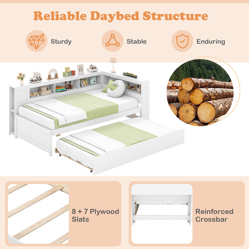 Daybed Platform Bed Frame with Trundle and Bedside Shelves for Space-Saving and Convenient Storage