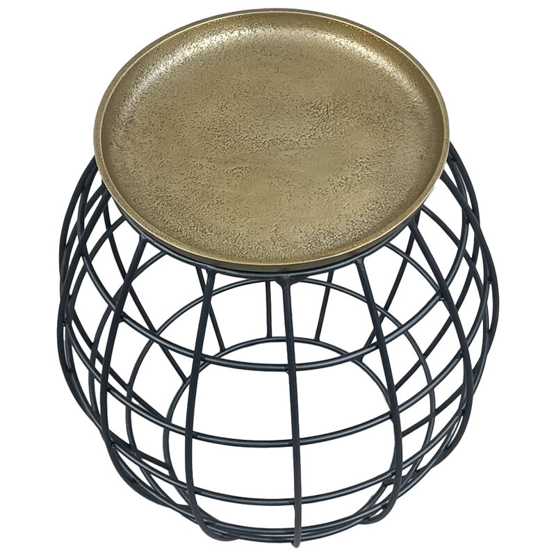 2 Piece Coffee Table and End table Set, Round Antique Brass Tray Top, Curved Cage Design Black Iron Base
