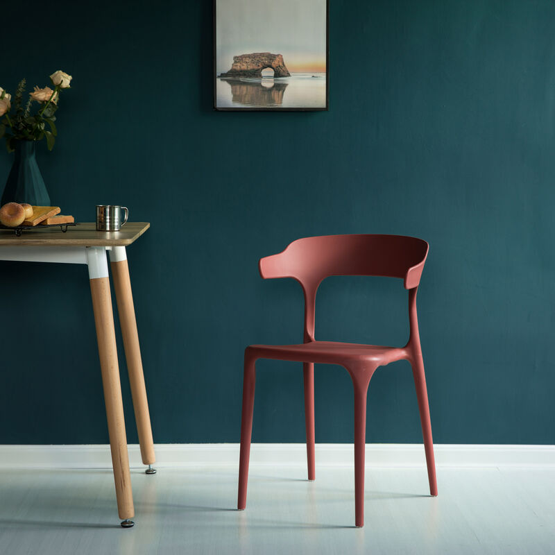 Modern Plastic Outdoor Dining Chair with Open U Shaped Back, Red