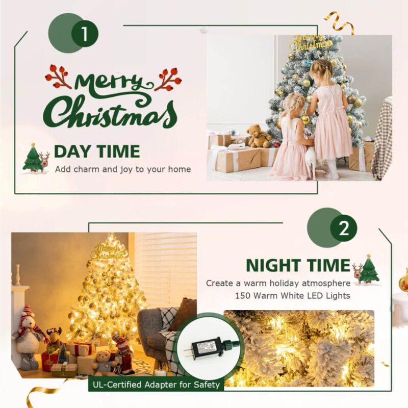 Hivvago 4.5 Feet Pre-Lit Premium Snow Flocked Christmas Tree with 150 Lights
