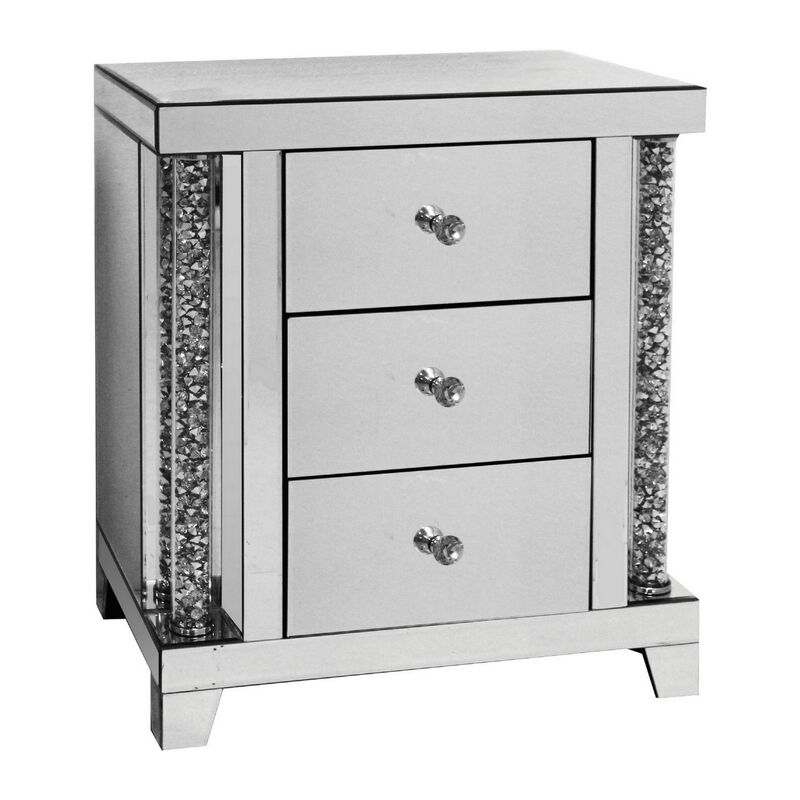 Noe 26 Inch 3 Drawer Accent Table Nightstand, Mirrored, Faux Diamond Inlay, Silver-Benzara
