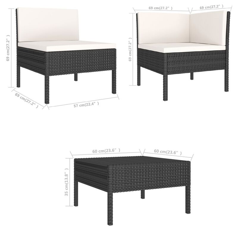 Doja 3pc Outdoor Loveseat and Coffee Table Set, Black Rattan, White - Benzara