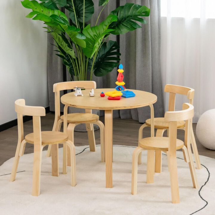 Hivvago 5-Piece Kids Wooden Curved Back Activity Table and Chair Set with Toy Bricks