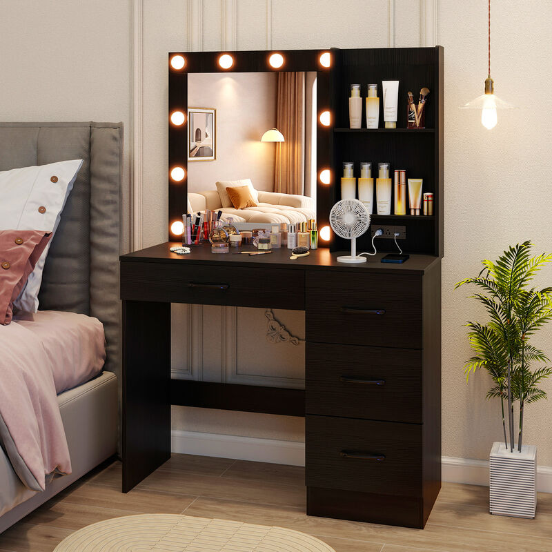 Vanity Desk with 3-Color Lights and Power Outlets