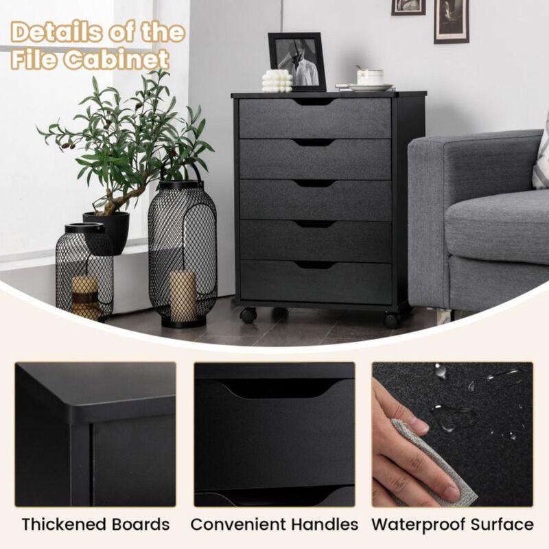 Hivvago 5 Drawer Mobile Lateral Filing Storage Home Office Floor Cabinet with Wheels