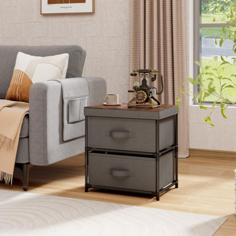 Hivvago 2-Drawer Nightstand with Removable Fabric Bins and Pull Handles-Gray